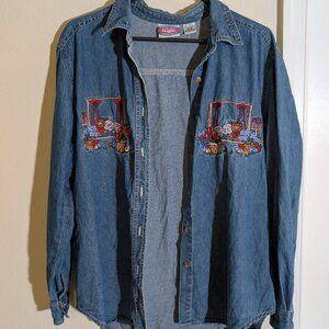 Cool Blues Embroidered Cats Long Sleeved Denim Top